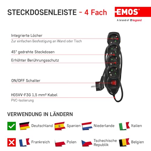 Regleta de 4 enchufes de 5m EMOS negra con interruptor y cable H05VV-F para interior 3