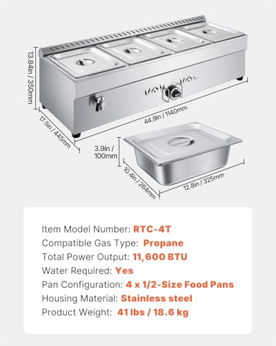 Image of VEVOR 4-Pan Commercial Propane Steam Table, LP Gas Outdoor Soup Warmer with Drain Valve, Stainless Steel Propane Food Warmer with Adjustable Temperature, for Restaurant Party Outdoor Camping