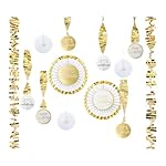 Gold Birthday Party Decorations Kit – 13PCS White & Metallic Gold Hanging Paper Fans, Foil Swirls & Fringe Garland for Adults, Teens, Kids, Milestone Golden Birthday Backdrop Decor