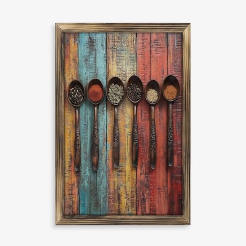 Rustic Long Wooden Framed Art ' Colorful Spices Wooden Spoons Rustic Kitchen Decor ' Farmhouse Style Wall Decor Sign for Tabletop Or Hanging - Durable Handcrafted Wood Print - Home & Office Decoration