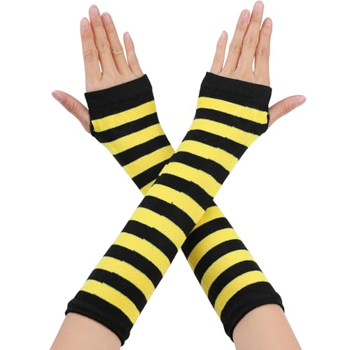 Allegra K Womens Fingerless Gloves Printed Elbow Length Knitted Arm Warmers One Size Yellow Black Wide Stripes