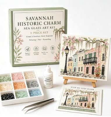 YILCER DIY Sea Glass Art Kit for Adults, Lighthouse Mosaic Craft Kit with Wooden Easel & Supplies, Coastal Wall Decor, Beginner Friendly Relaxing Keepsake Gift(Savannah Historic Charm)