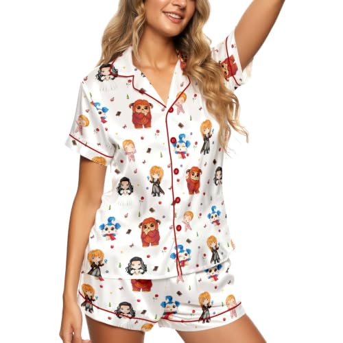 Image of Women 2 Pcs Short Satin Pajama Set Printed Silky Soft Loungewear | Luxurious silk-feel satin; comfortable relaxed fit for sleep & lounge; elastic waistband shorts; gift, easy care
