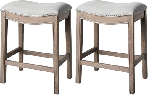 Image of Maven Lane Adrien Backless Counter Stool - Set of 2 - 26 Inches - Saddle Stool with Footrest - Grey Solid Wood Frame & Grey Fabric Upholstery - Perfect for Kitchen Islands & Counters