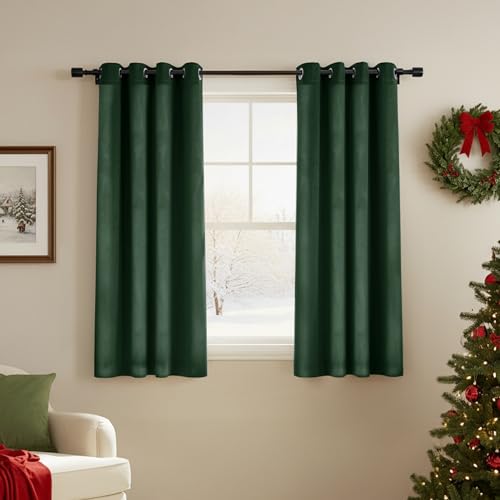 Deconovo Green Velvet Curtains Soft Blackout Curtains Thermal Insulated Elegent Eyelet Room Darkening Drapes for Living Room 66 x 54 Inch Dark Green One Pair