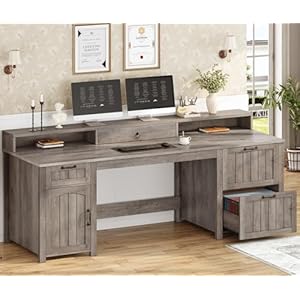 SEDETA Farmhouse 63″ Executive Desk, Wood Computer Desk with Drawers and Storage Cabinet, Home Office Desk with File Drawer and Monitor Stand, Wood Desk for Work Study Writing, Grey