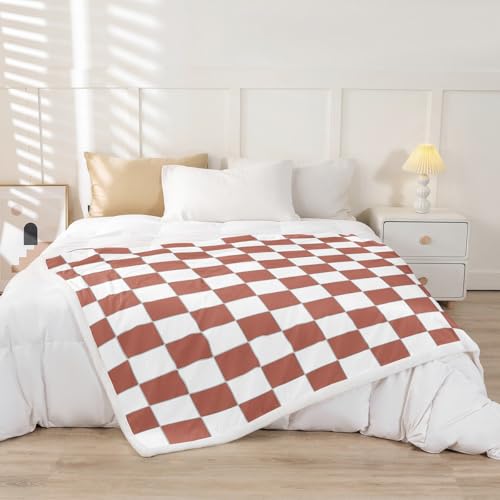 Image of Erosebridal Checkered Sherpa Blanket 40 inchX50 inch White Light Caramel Checkerboard Fleece Bed Blanket,Buffalo Plaid Grid Throw Blanket for Kids Teen Adults Aesthetic Geometric Gingham Fuzzy Blanket