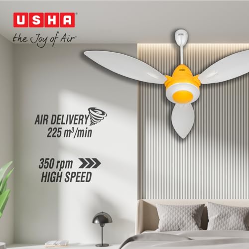 Image of USHA Bloom Lily Glow BLDC Ceiling Fan with 3-Mode Underlight |RF Remote | 100% Copper Motor |Whisper-Quiet |Dust-Resistant |BEE 5 Star Rated |3-Year Motor & 2-Year PCB Warranty |White & Saffron Yellow