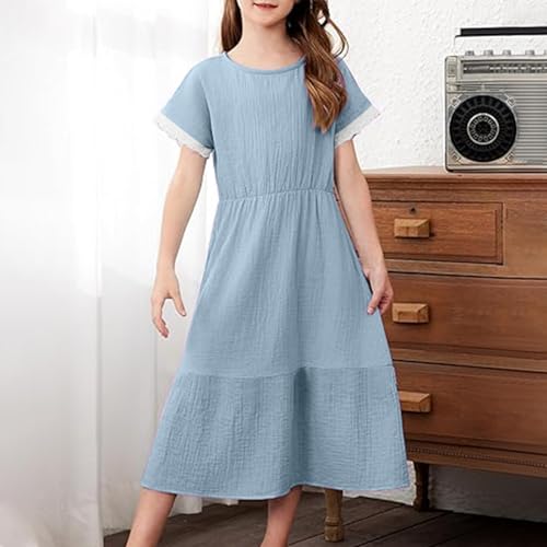 Girls Casual Dress Short Sleeve Crewneck Boho Sundress Flowy a Line Ruffle Dresses Tween Girl Fashion Size 4-14 Years4