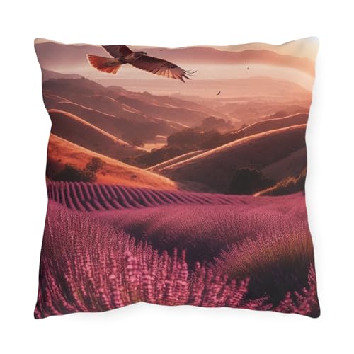 Outdoor Pillow - Hawk Circling Over Lavender Fields in California