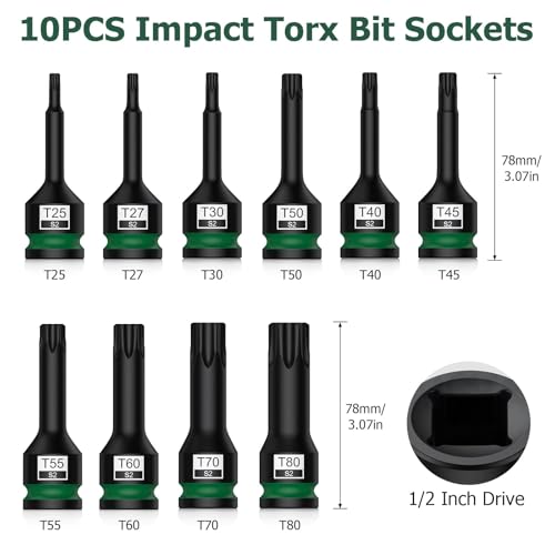 Image of JiGiU 10PCS 1 /2 inch Drive Impact Torx Bit Socket Set S2 Steel Star Sockets | Star Bit Socket T25, T27, T30, T40, T45, T50, T55, T60, T70, T80 with Storage Case for Professional Mechanic and Auto Repair