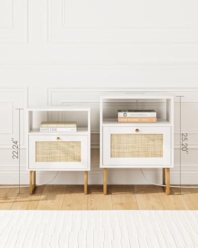 Image of Rattan Nightstand with Charging Station, Mid Century Modern Night Stand,Boho Farmhouse Wood Bedside Table with Storage and Open Shelf, End Side Accent Table for Bedroom,Living Room,White
