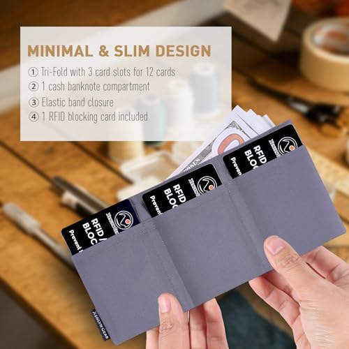 Image of Minimalist Slim Wallet for Men, Heavy Duty Ripstop Nylon Trifold Wallet, Water Resistant Durable Front Pocket Wallet with Elastic Band, Large Capacity, Includes 1 RFID Blocking Card, Grey