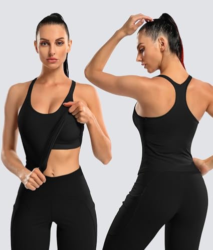 Image of ATTRACO Ribflex Ribbed Workout Crop Tops with Built in Bra for Women Yoga Racerback Tank Top Slim Fit