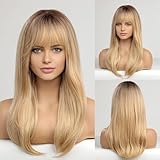 HAIRCUBE Long Layered Synthetic Hair Wigs for Women with Bang (Blonde with Dark Roots)