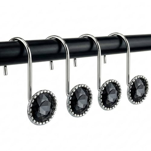 DecorRack 12 Pack Shower Curtain Hooks, Heavy Duty Stainless Steel, Rustproof and Corrosion Resistant, Smooth Glide, Rhinestone Gems Style Decorative Shower Hooks, Onyx (12 Pack)