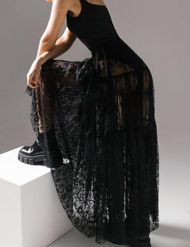 Women's Floral Lace Skirt See-Through Floral Maxi Mesh Tulle Skirt Sheer Flowy Lace Skirts2