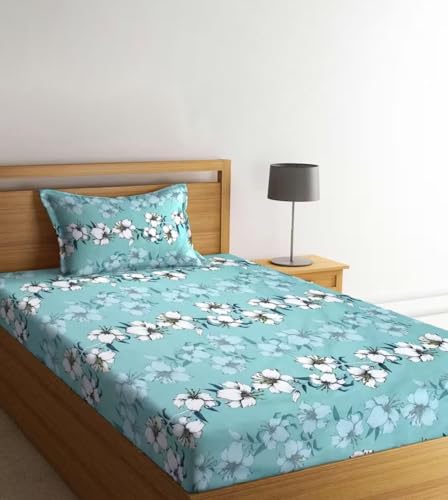 Image of Glace Cotton Single Bedsheet 60x90 Inch with 1 Pillow Cover 18x28 Inch - Green Teal Floral Lily Print Bed Sheet Set - Soft Flat Bedcover for Single Mattress Bedroom Hostel Room - Green Flower