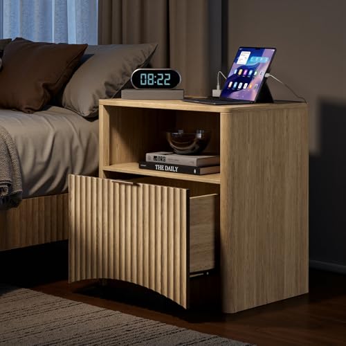 Image of Evermagin Fluted Nightstand Set of 2 with Charging Station, Natural Oak Bedside Table with Drawer and Storage, Wood End Table Mid Century Modern, Large Night Stand for Bedroom