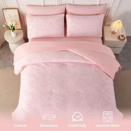 Image of PERFEMET Girls Bedding Set Full Size - 5 Pieces Pink Bow Comforter Set Full Bed in a Bag with Sheets, Soft All Season Embossed Bowknot Jacquard Bedding Comforter Set Cute Bedroom Decor