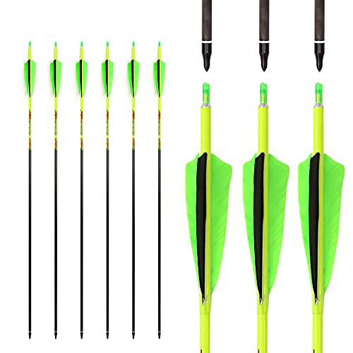 ACCMOS 6 St Pfeil aus Reinem Kohlenstoff Spine 600 Schaftlänge 29 Zoll ID 6,2 mm 4" Truthahnfeder, für Compoundbogen Recurve-Bögen Jagd oder Bogensport Praxis (Spine 600, 29inch) Cover