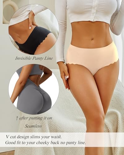 Image of Sth Big High Waisted Seamless Underwear for Women No Show Panties Cheeky Scalloped Edge Bikini Breathable Briefs 6 Pack