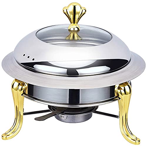 Scaldavivande Rotondo in Acciaio Inox con Coperchio e Contenitore per combustibile per Catering Buffet Cucina Feste Sala da Pranzo,Oro-20cm