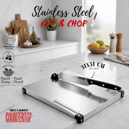 Image of Heavy Duty Stainless Steel Chopping Board with Attached Knife Set - Non-Slip Vegetable & Fruit Cutting Board, Rustproof & Dishwasher Safe Board for Kitchen (Square Counter top)