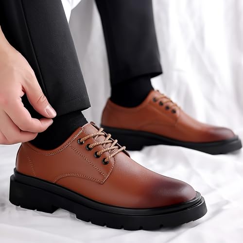 Men's Leather Lace Up Platform Oxfords Brown Round Toe Chunky Heel Lug Sole Heightening Soft Bottom Derby Casual Shoes Classic Work Office Business Dress Shoes4