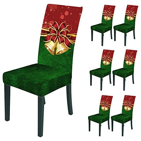 Bnitoam 6 Pieces Christmas Dining Chair Covers Stretch Printed Parsons Chair Slipcovers Seat Protector for Holiday Decoration Party Kitchen Dining Room (Green Bell) Cover