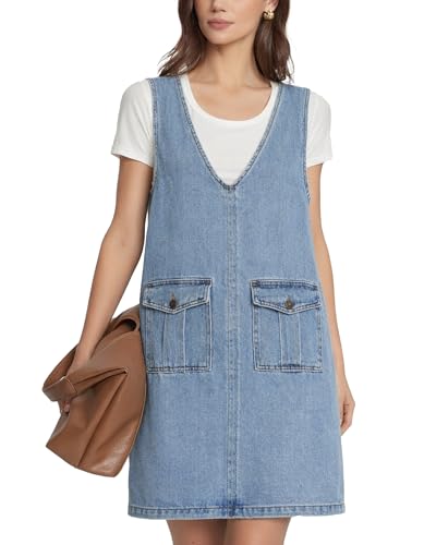 YEXPINE Women's Casual Denim Overall Dress Sleeveless Jean Mini Dress with Pockets Western Cowgirl Outfits