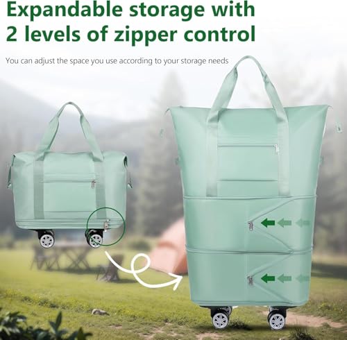 Image of Wheel Bags for Travel Luggage Carry on Duffel Bag, Expandable Foldable Luggage Bag, Dry and Wet Separation Rolling Bag, Travel Totes for Women & Men (1Pcs)(Green)-JE