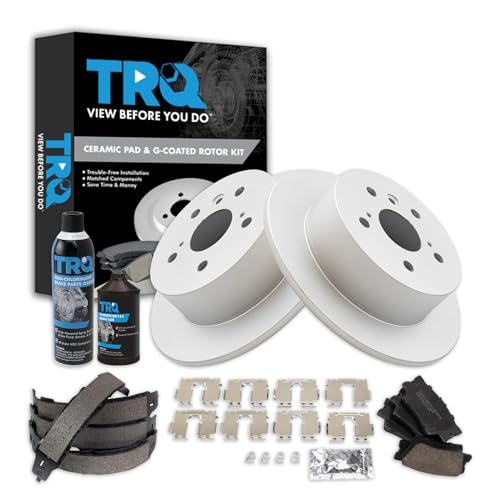 Image of TRQ Rear Brake Pad & Rotor Kit, with Chemical Kit Parking Brake Shoe Set Ceramic Premium G-Coated Compatible with 2013-2018 Lexus ES300h ES350 Toyota Avalon 2012-2017 Camry