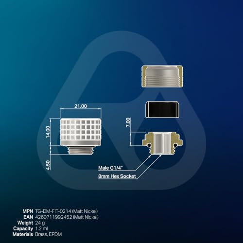 Image of Thermal Grizzly - DeltaMate - HT14 - Hard Tube Fitting - Matt Nickel - CNC-machined brass - G1 /4 inch thread, OD 14mm - for rigid plastic /metal tubing in water-cooling systems