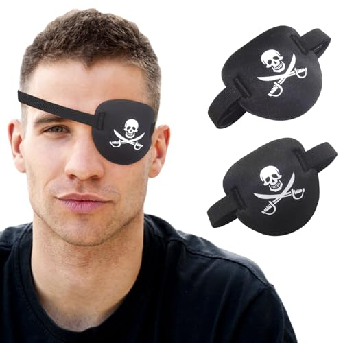 RIKEYO 2 pcs Pirate Eye Patch 3D Black Eye Patches for Adults and Kids Medical Eye Patch for Left or Right Eye Adjustable Eyepatch for Lazy Eye Skull Crossbone Halloween Costume