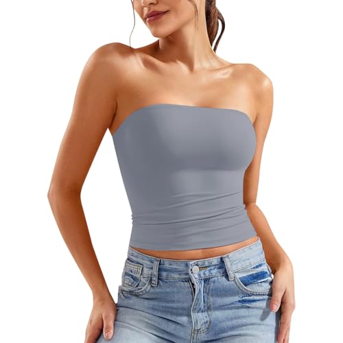 Generisch Top Verano Adolescentes Mujer Sexy Crop Top sin Tirantes Bandeau Tube Top sin Mangas sin Espalda Camiseta de Tirantes Azul Claro Mujer, gris, S