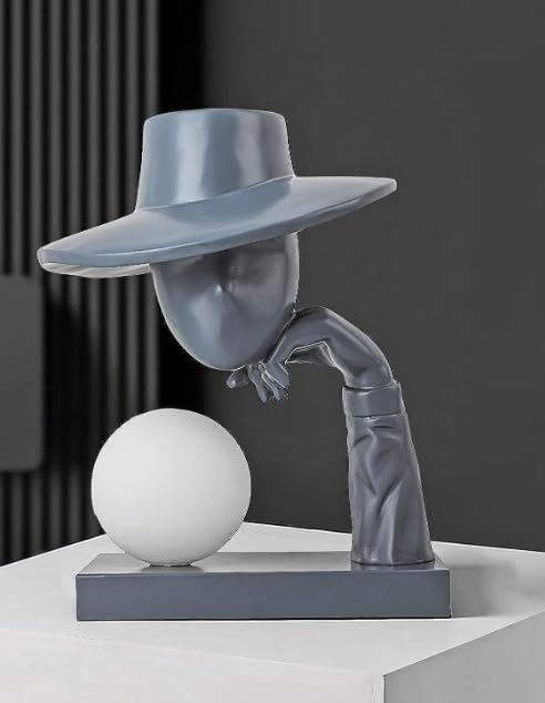 Image of Abstract Black Resin Sculpture Table Lamp Hat-Wearing Human Face Figure (Bulb Included)