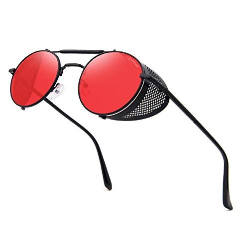 RONSOU Steampunk Style Round Vintage Polarized Sunglasses Retro Eyewear UV400 Protection Matel Frame A3 Black&red (Non-polarized) 51 Millimeters