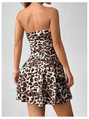 Floerns Women's Leopard Print Ruched Strapless Tube Dress Y2k A Line Tiered Dress2