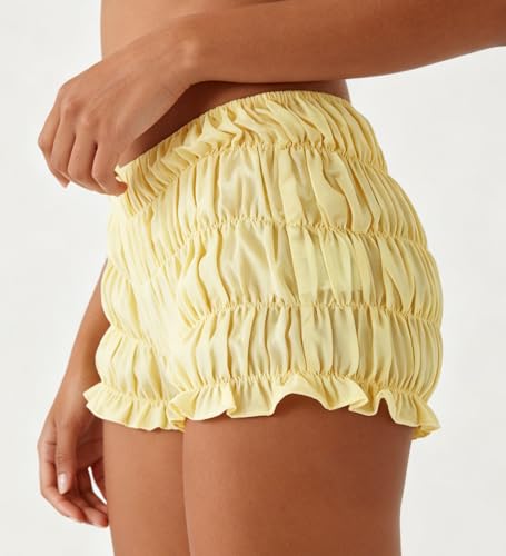 Image of NUFIWI Women's Y2k Ruched Mini Shorts Low Waist Ruffle Frill Bloomers Lounge Pajamas Smocked Micro Shorts Sleepwear
