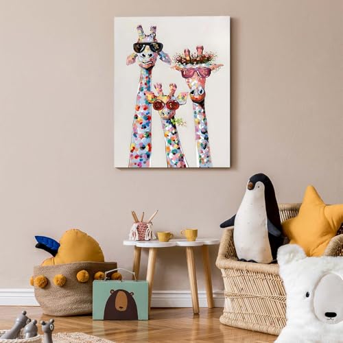 Qiukoo Wall Art - Bunte Giraffe Leinwanddruck mit Sonnenbrille, lustige Tier-Wanddekoration für Schlafzimmer, Wohnzimmer, Flur oder Treppe, mit vormontiertem Rahmen und Haken, 30 x 39,9 cm