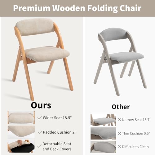 HOMEFUN Folding Chairs with Padded Seats, Wooden Stackable Dining Chairs Set of 2 with Removable Cover Folding Extra Chair for Guests Kitchen Office Wedding Party Picnic, Cream