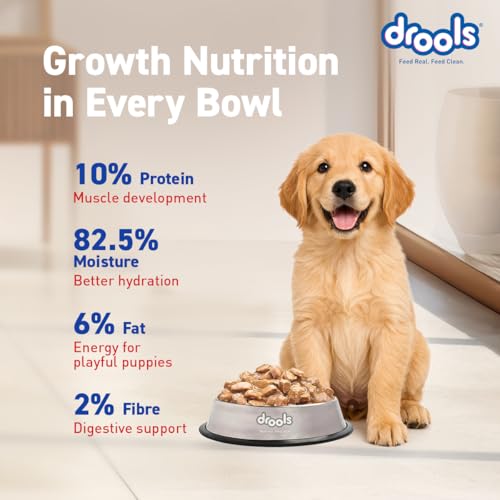 Image of Drools Puppy Wet Dog Food 10 Pouches + 2 Free (12 x 60g) | Real Chicken & Liver Chunks in Gravy | Supports Skin & Coat | Promotes Joint Strength | Aids Digestion & Overall Wellness