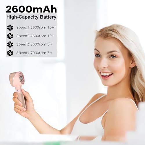 Amacool Portable Handheld Fan with Strong Air Flow, 17H Ultra-long Battery Life, 2600mAh Rechargeable 4-Speed USB Fan with Indicators, Makeup Fan for Girls, Travel Outdoors For Women(Pink) - Image 3