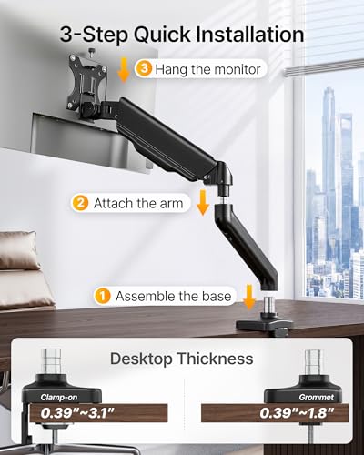 Image of monTEK Heavy Duty Single Monitor Arm for 17-32 inch Flat /Curved Screens, Premium Mechanical Spring Monitor Arm up to 19.8 lbs, Full Motion Monitor Desk Mount with Quick-Release VESA Plate, Clamp /Grommet