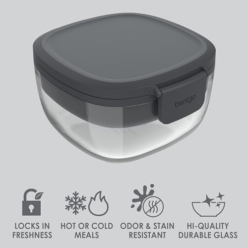 Bentgo Glass - Leak-Proof Salad Container with Large 61-oz Salad Bowl, 4-Compartment Bento-Style Tray for Toppings, 3-oz Sauce Container for Dressings, and Built-In Reusable Fork (Dark Gray)