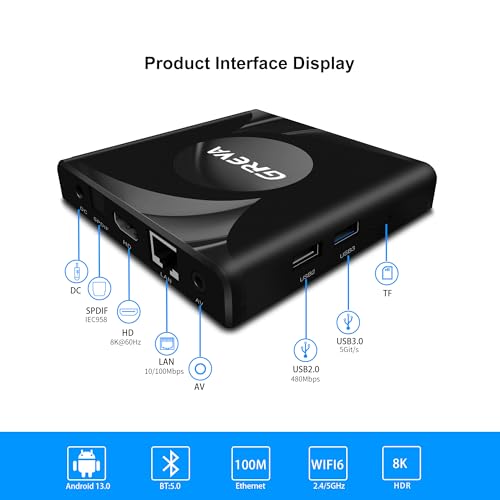 Image of GREVA 8K TV Box Android 13.0 4GB RAM 32GB ROM Android TV Box RK3528 Chipset Support 2.4G /5.0G WiFi 6 HDR10 BT5.0 USB3.0 Ethernet LAN 3D 1080P 2K 4K+ Utral HD Smart Streaming Media Player X88 PRO13