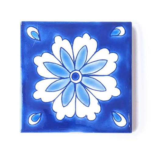 Dÿari Decorative Ceramic Tiles – Hand Painted Indoor & Outdoor Floor Tiles – Spanish Artisan Tile Top Kitchen – Mediterranean Decorative Tiles 4” × 4” – Durable Colorful Floor Tiles – 140 G (Blue 1) #TOP4