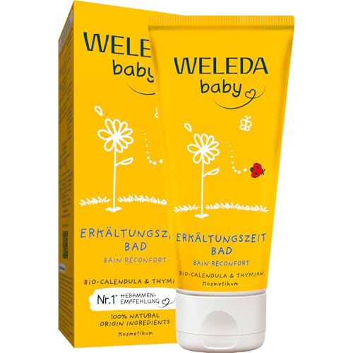 WELEDA Bio Baby Calendula Erkältungszeit Bad – Naturkosmetik Erkältungsbad mit Thymian, Latschenkiefer & Lavendel wirkt durchwärmend – Natürlicher Erkältung Badezusatz für Baby & Kind (vegan, 75ml)