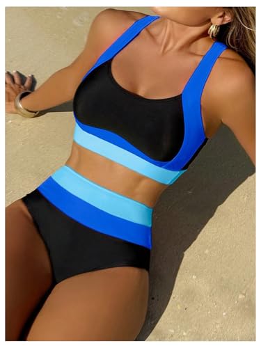 Verdusa Women's 2 Piece Colorblock Beach Vacation Clothes Backless High Waisted Bikini Sets4